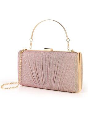 Women's Pink Pleated Evening Handbag with Chain Prom Classic Clutch Purses
